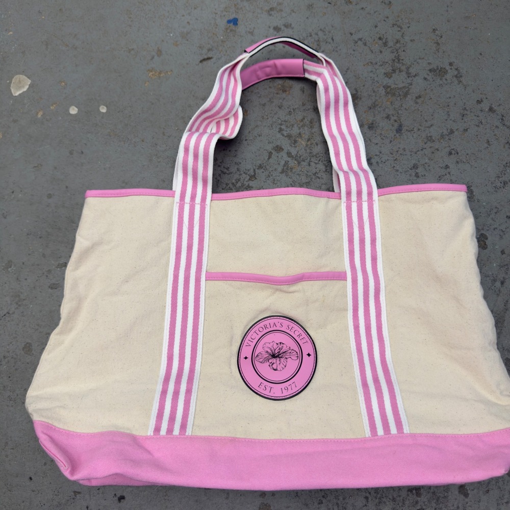 Victoria's Secret Pink Cream Canvas Hibiscus Logo Tote Bag Striped Straps Large